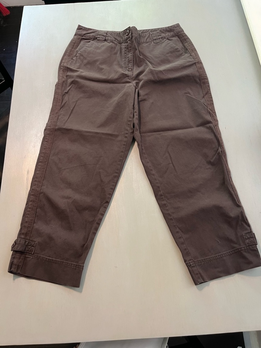 Talbots Chocolate Brown Cotton Blend Trousers Faux Suede Trim Size 12